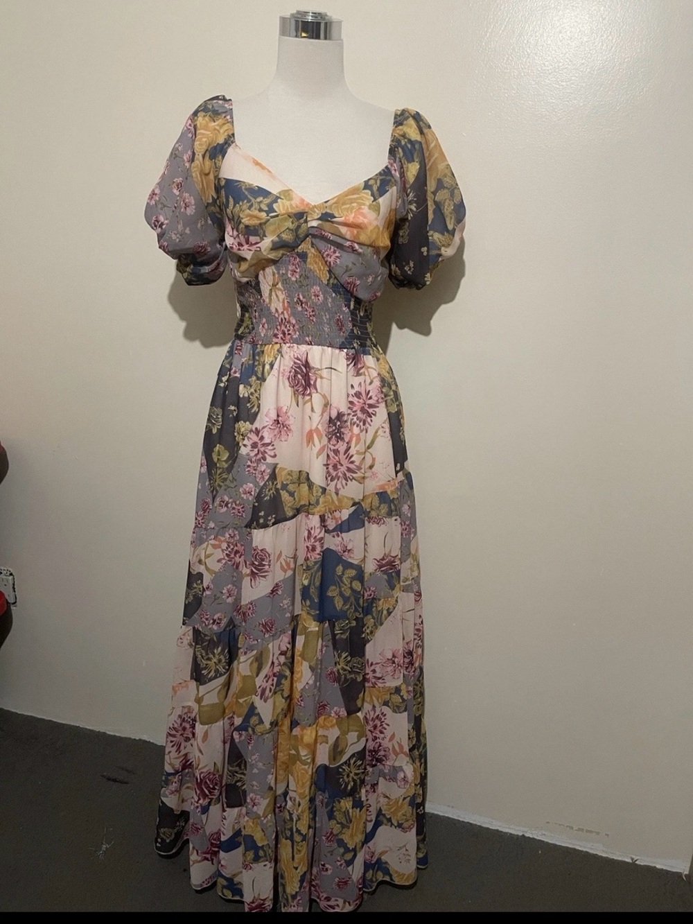 Floral Puff-Sleeve Maxi patchwork style Dress in Multi-Color